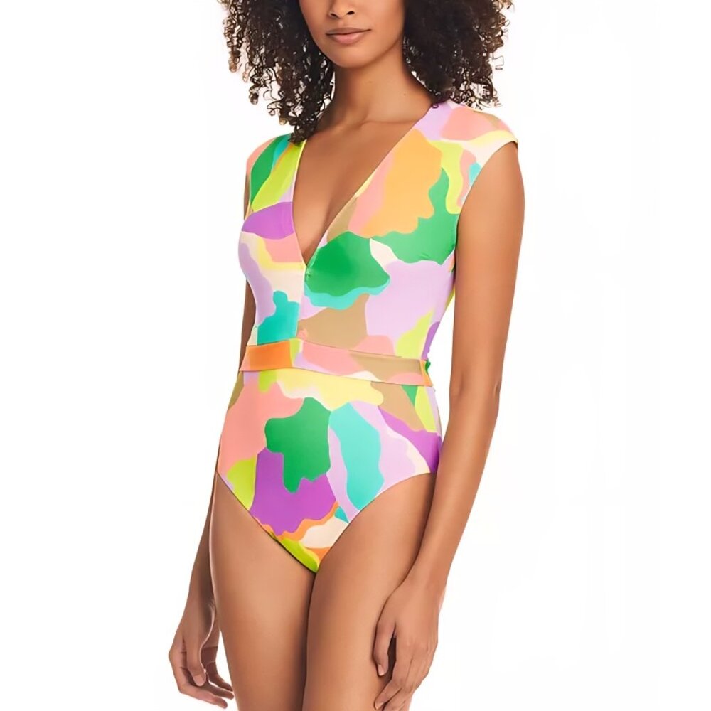 NEW Sanctuary S M L Plunge-Neck Cap-Sleeve Multicolor Print One-Piece Swimsuit